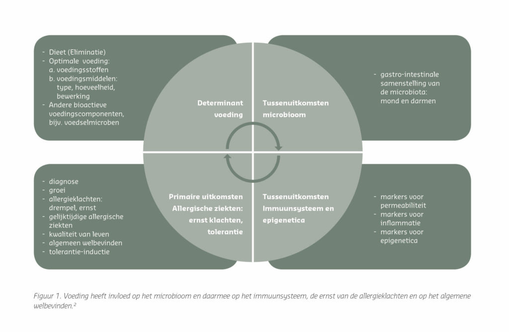 Figuur 1. Voeding heeft invloed op het microbioom en daarmee op het immuunsysteem, de ernst van de allergieklachten en op het algemene welbevinden.